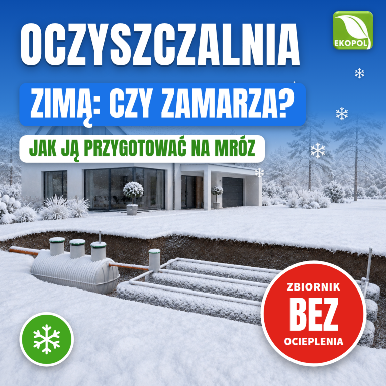 Przydomowa oczyszczalnia BIO-HYBRYDA zimą, wizualizacja zbiornika bez ocieplenia